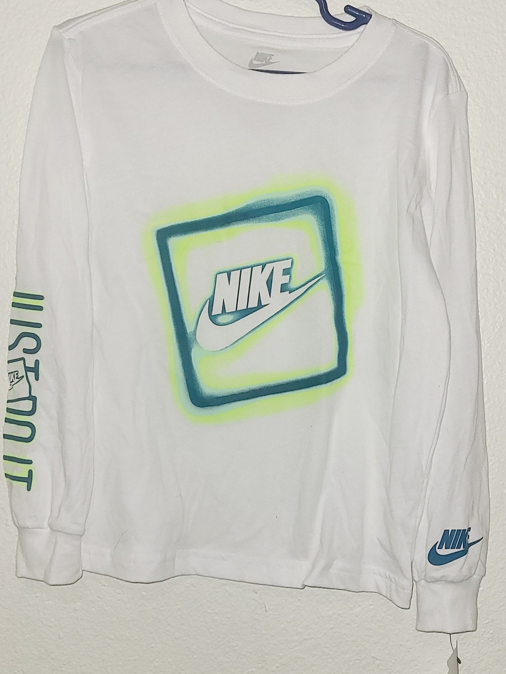 Nike White Long-Sleeve Tee with Teal & Neon Yellow Graphic